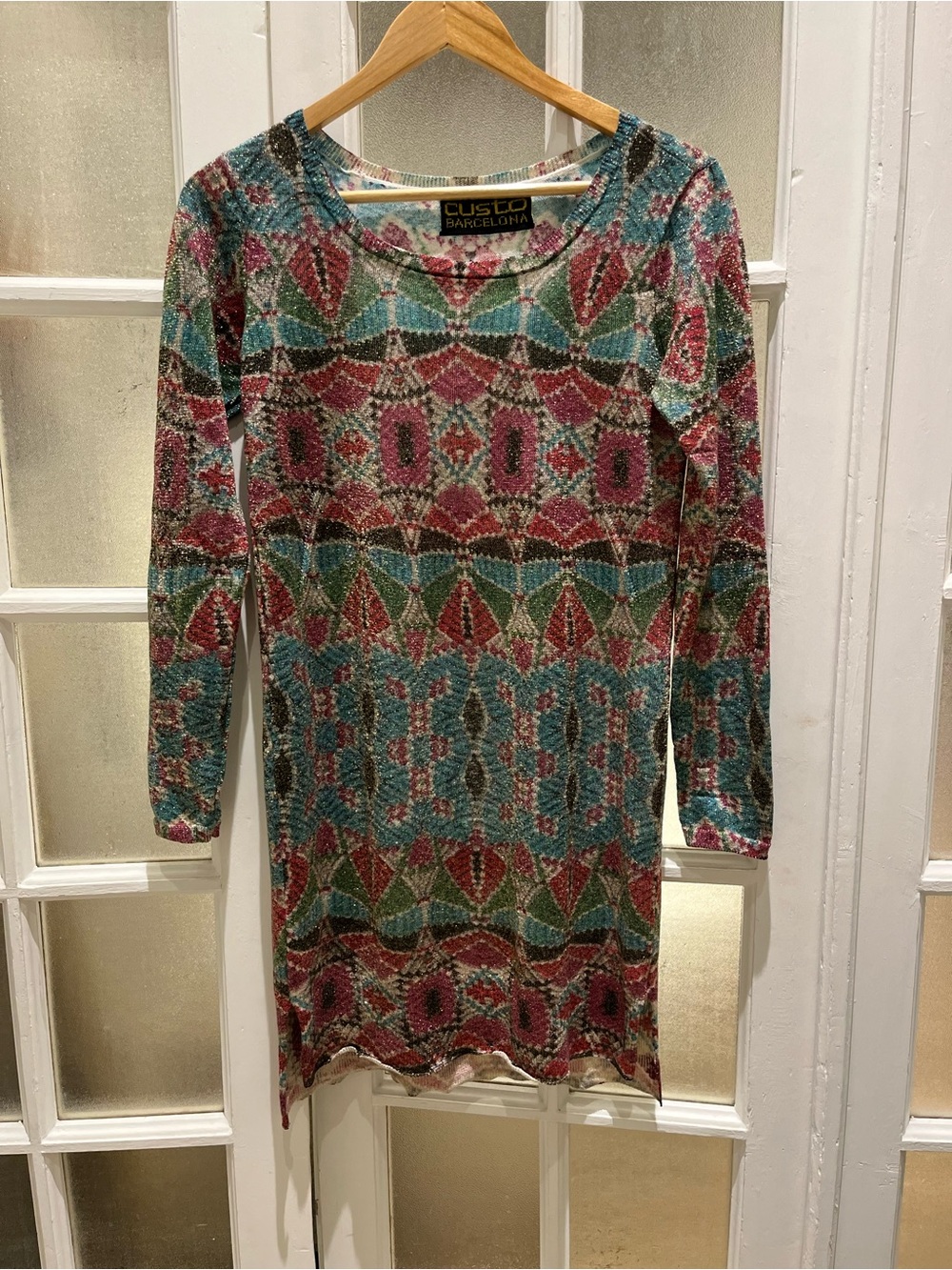 Custo Barcelona Teal, Pink & Olive Geometric Long-Sleeve Dress
